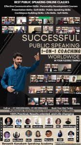 Man pointing to screen showing online public speaking coaching sessions.